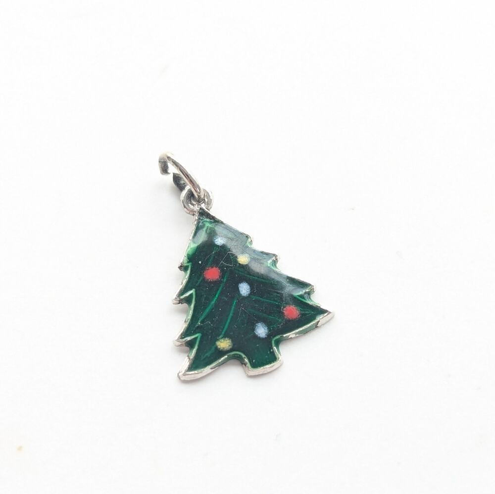 Vintage Sterling Silver Green Enamel Christmas Tree Holiday Bracelet Charm